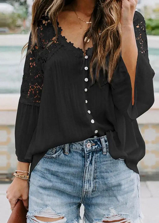 Neck Hollow Tops Solid V Black Fall Out