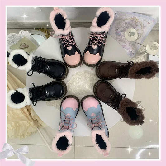Kawaii Aesthetic Y2K Cute Fairy Black Pink Sugar Kitty Paw Lolita Winter Boots MK Kawaii Store