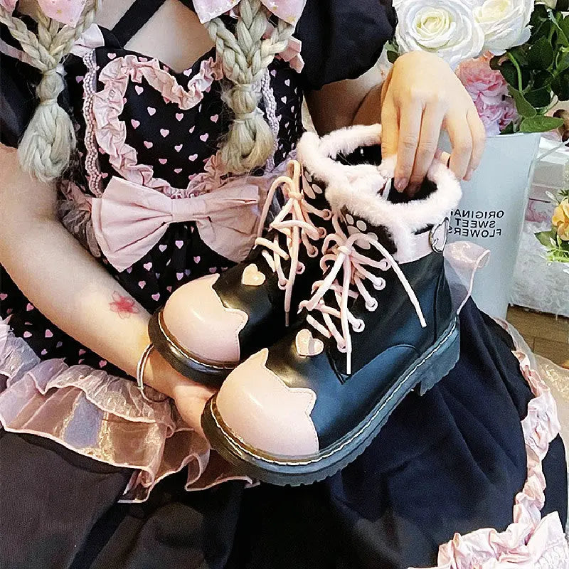 Kawaii Aesthetic Y2K Cute Fairy Black Pink Sugar Kitty Paw Lolita Winter Boots MK Kawaii Store