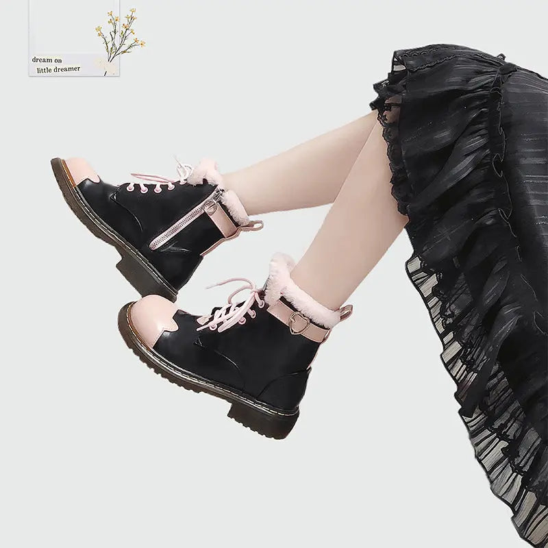 Kawaii Aesthetic Y2K Cute Fairy Black Pink Sugar Kitty Paw Lolita Winter Boots MK Kawaii Store