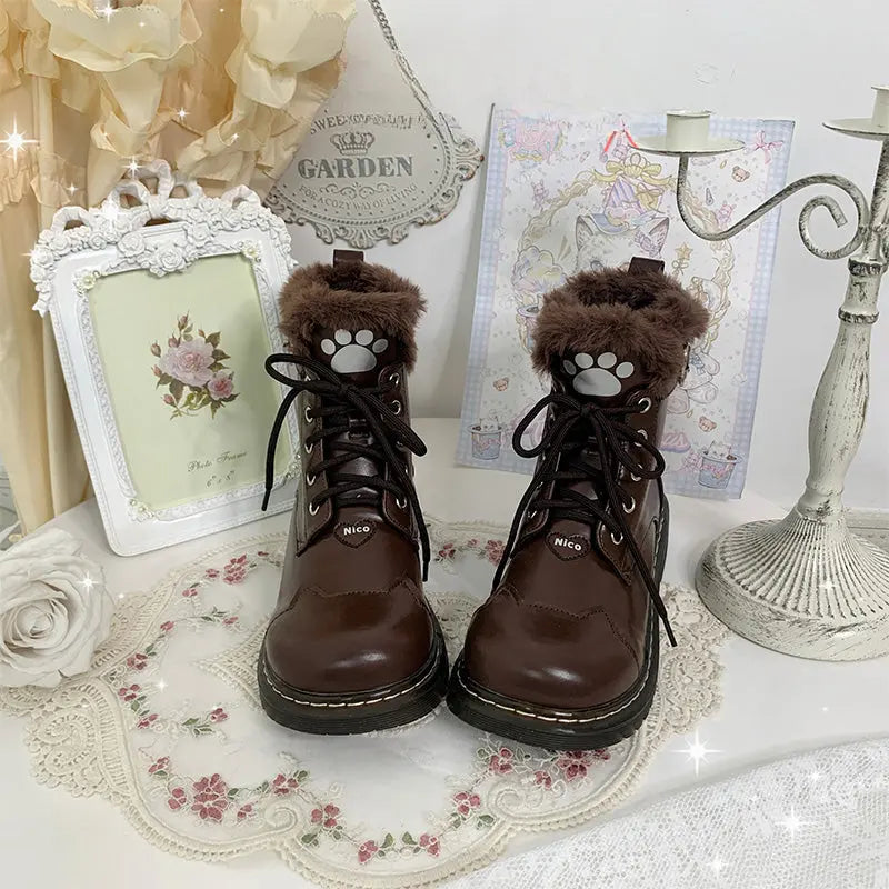 Kawaii Aesthetic Y2K Cute Fairy Black Pink Sugar Kitty Paw Lolita Winter Boots MK Kawaii Store