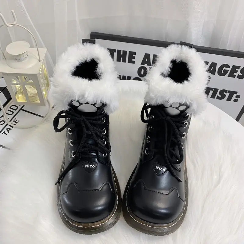 Kawaii Aesthetic Y2K Cute Fairy Black Pink Sugar Kitty Paw Lolita Winter Boots MK Kawaii Store