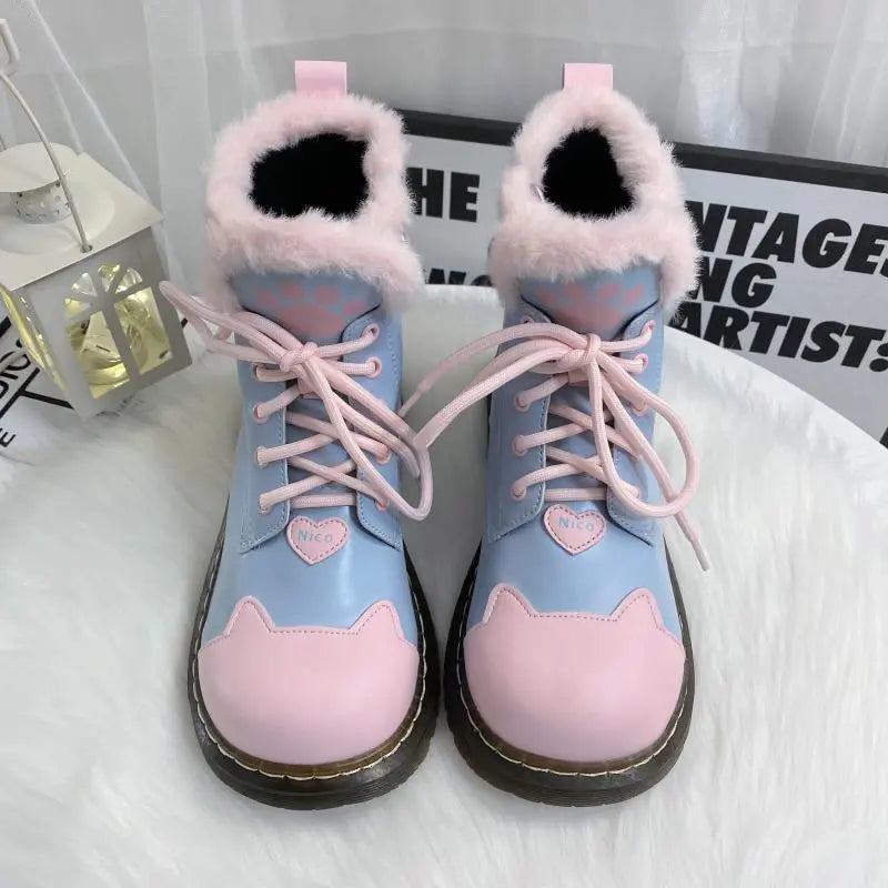 Kawaii Aesthetic Y2K Cute Fairy Black Pink Sugar Kitty Paw Lolita Winter Boots MK Kawaii Store