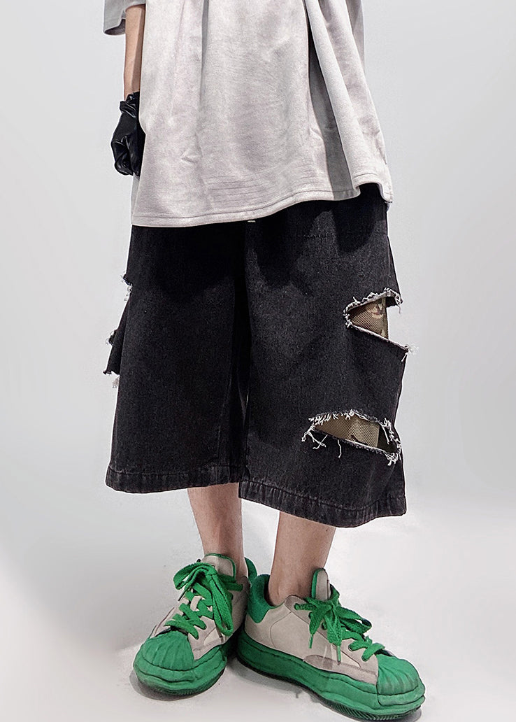 Summer Waist Shorts Men Pockets Denim Oversized Elastic Black