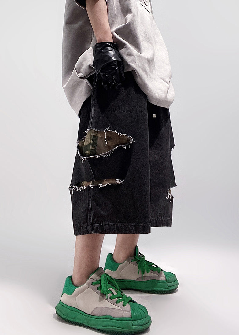 Summer Waist Shorts Men Pockets Denim Oversized Elastic Black