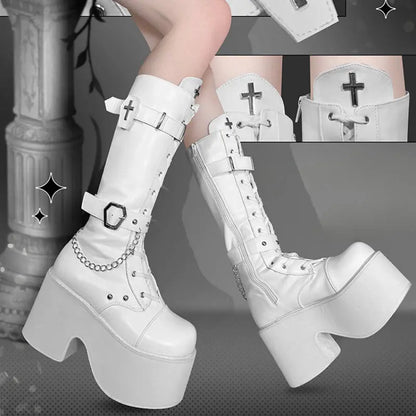 Kawaii Aesthetic Y2K Cute Fairy Black White Cross Boots ON1418 MK Kawaii Store