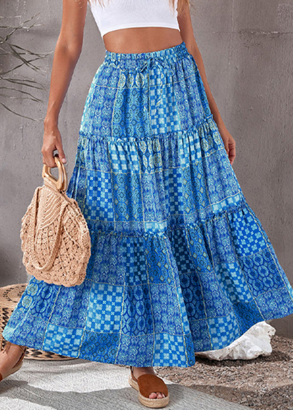 Summer Elastic Pockets Blue Waist Skirts Maxi