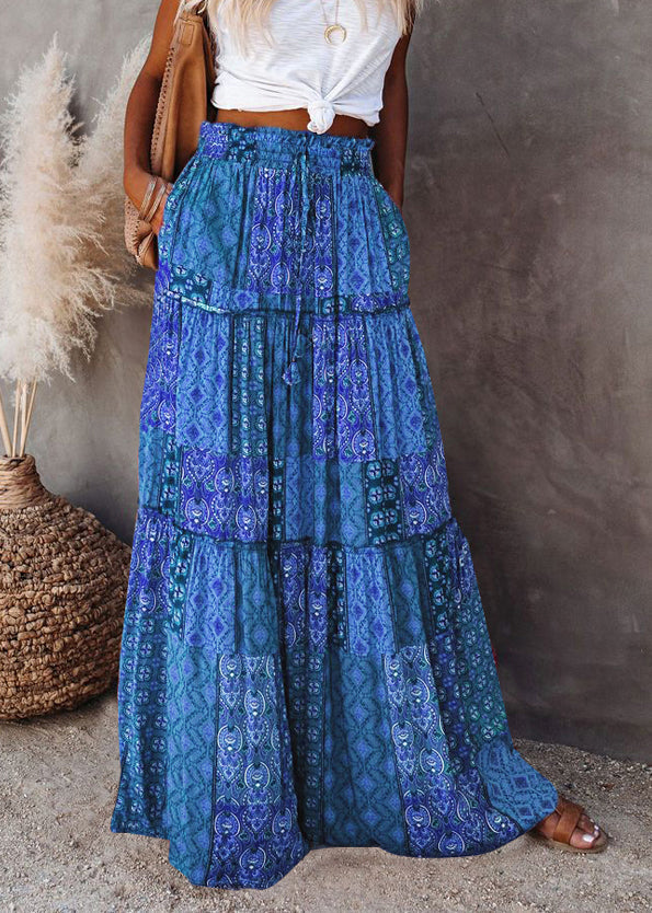 Summer Elastic Pockets Blue Waist Skirts Maxi