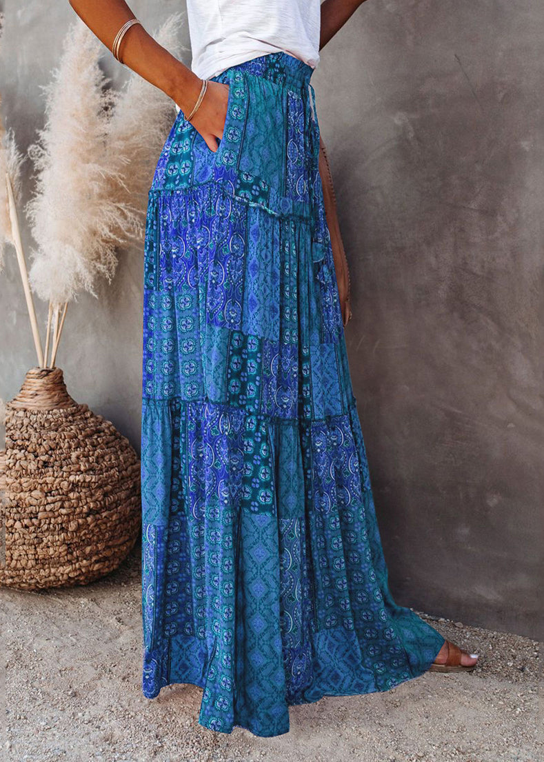 Summer Elastic Pockets Blue Waist Skirts Maxi