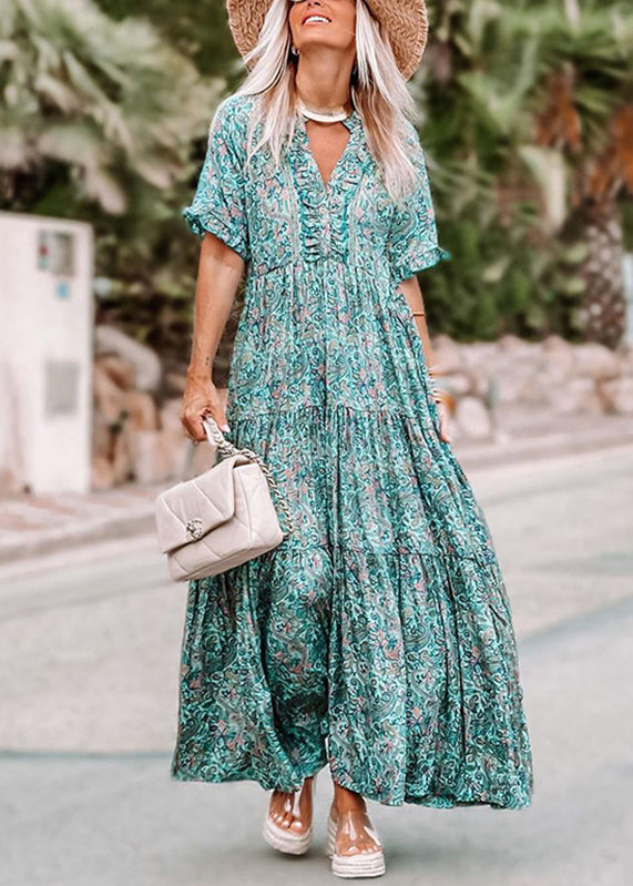 Maxi Short Sleeve Ruffled Patchwork Dress Blue