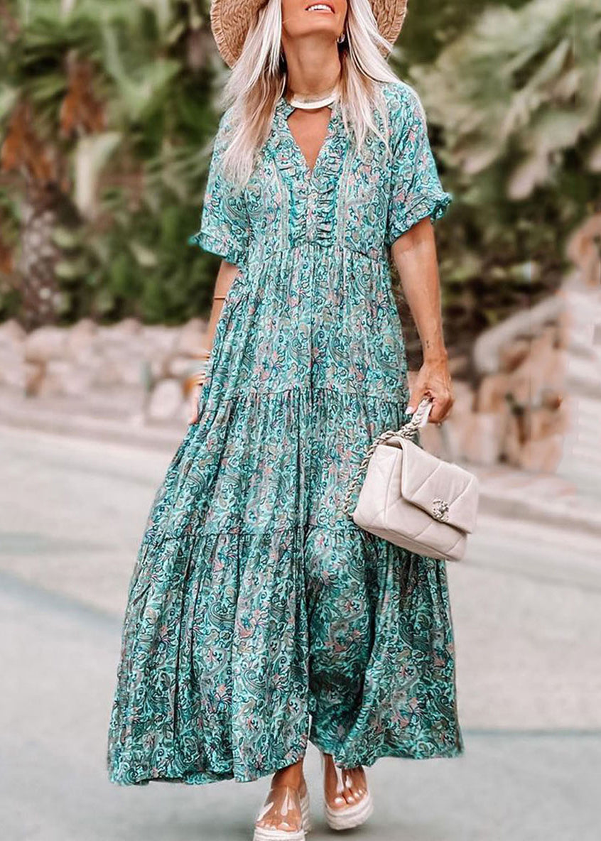 Maxi Short Sleeve Ruffled Patchwork Dress Blue