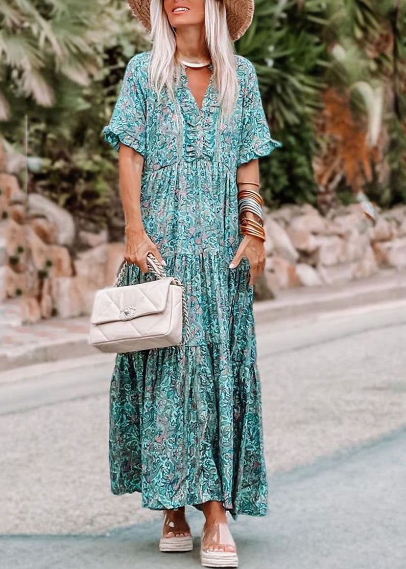 Maxi Short Sleeve Ruffled Patchwork Dress Blue