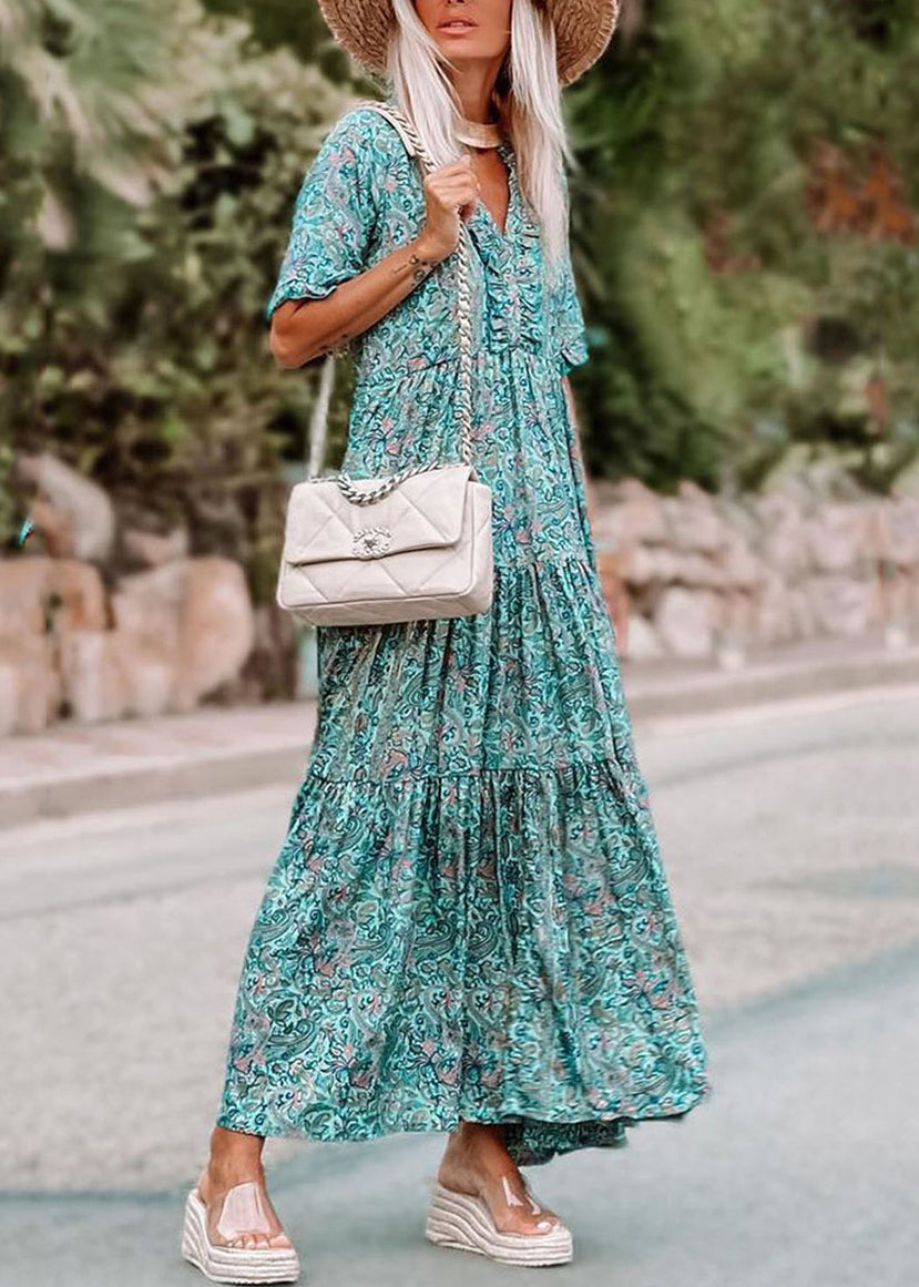 Maxi Short Sleeve Ruffled Patchwork Dress Blue