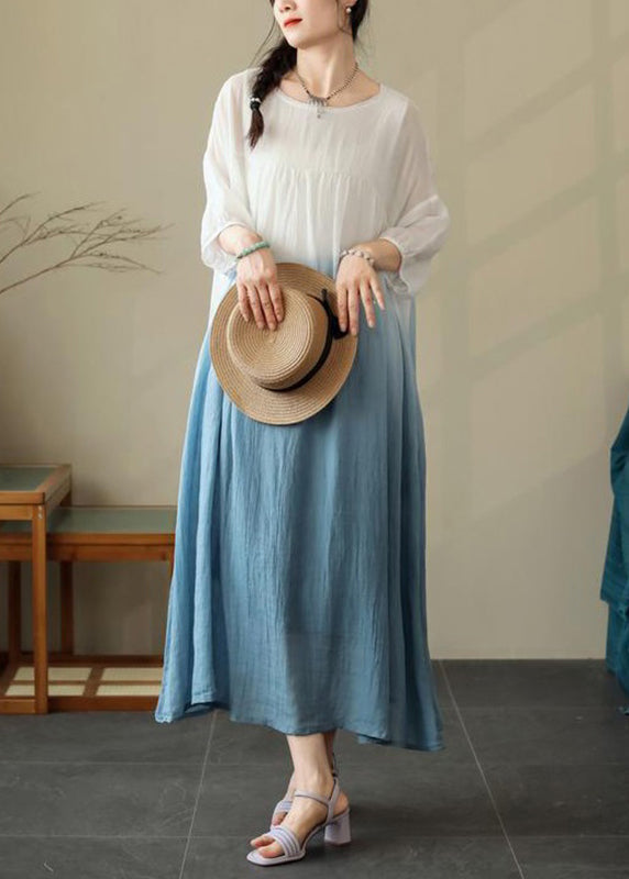Cotton Neck Summer Blue Dresses O Wrinkled