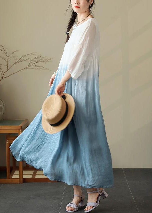 Cotton Neck Summer Blue Dresses O Wrinkled