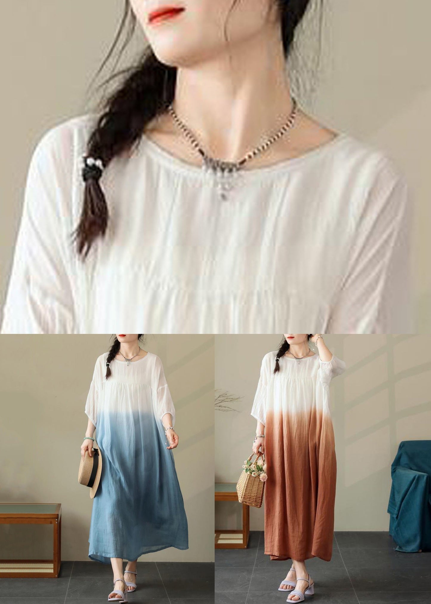 Cotton Neck Summer Blue Dresses O Wrinkled