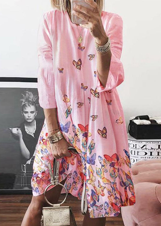Butterfly O Cotton Bohemian Dress Mid Neck Print Blue Summer