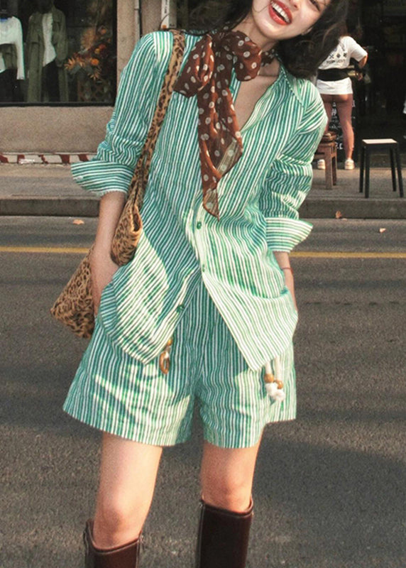 Pieces Two Shorts Green Shirts Striped And Collar Summer Bohemian Peter Pan Set