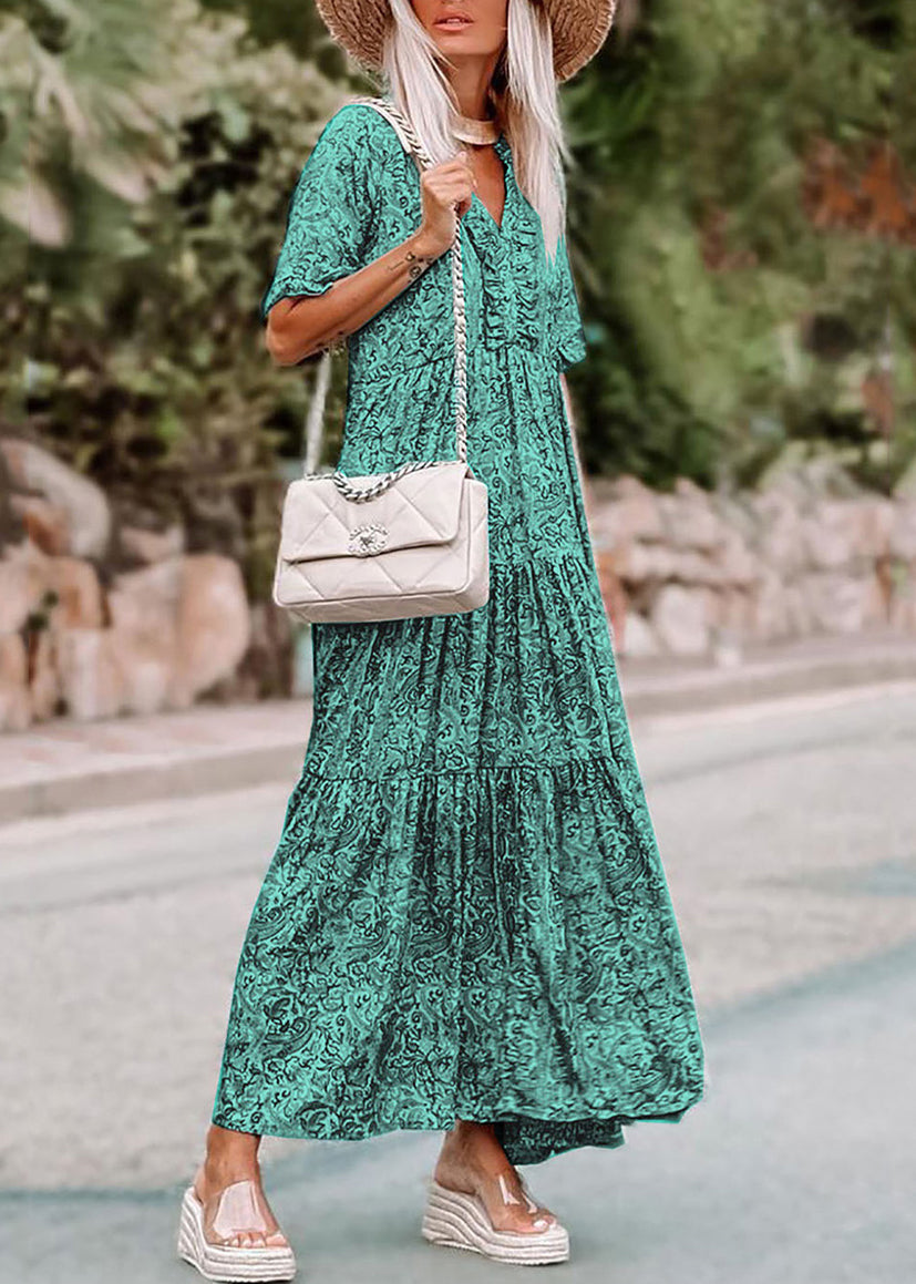 Neck Print Bohemian Long Green Short Sleev V Dress