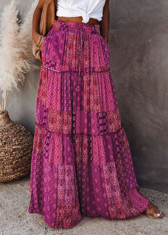Ruffled Bohemian Patchwork Print Line A Skirt Purple