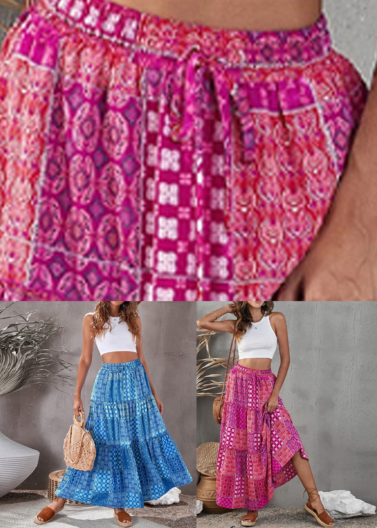 Ruffled Bohemian Patchwork Print Line A Skirt Purple