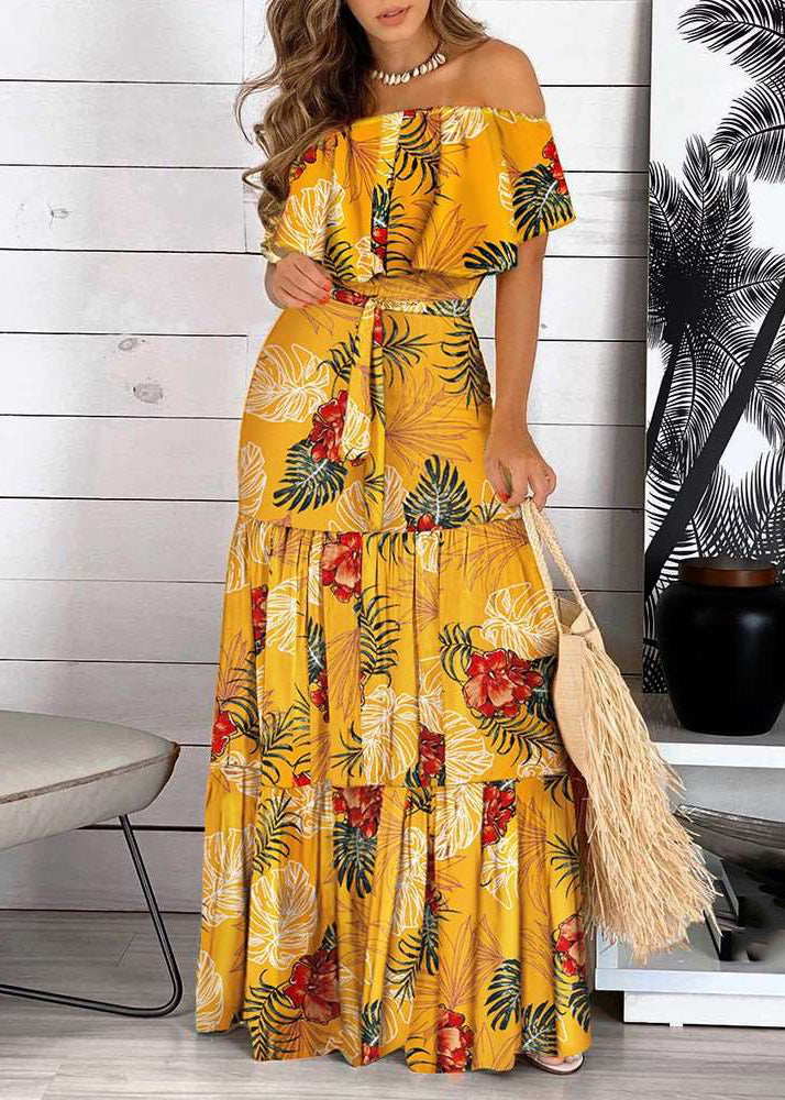 Maxi Yellow Shoulder Short Cold Wrinkled Sleeve Print Bohemian Dress