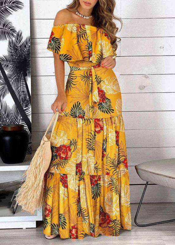 Maxi Yellow Shoulder Short Cold Wrinkled Sleeve Print Bohemian Dress