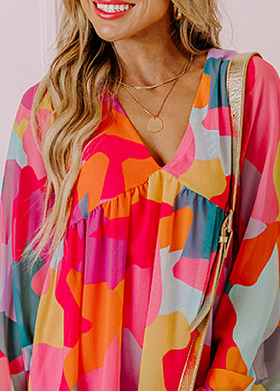 Fall Print Mid Red Dresses Wrinkled Boho Chiffon