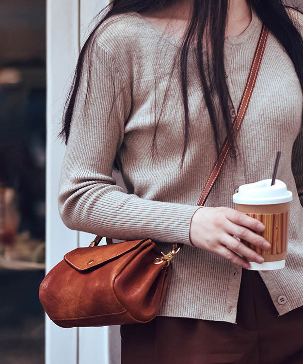 Durable Cross-body Solid Leather Khaki Bag Botique