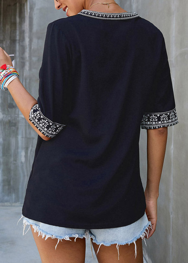 Boutique Neck Top Sleeve Patchwork Short V Black