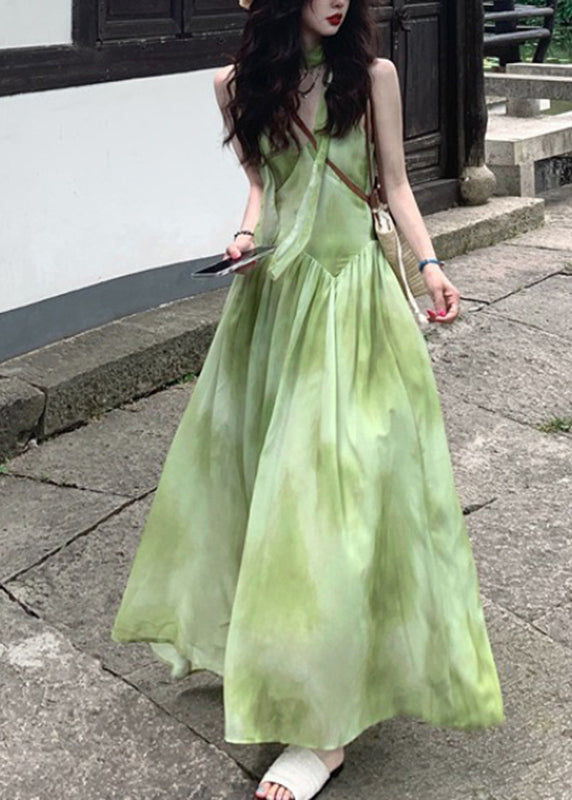 Chiffon V Maxi Tie Dye Boutique Vacation Neck Sleeveless Green Dresses