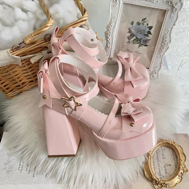 Kawaii Aesthetic Y2K Cute Fairy Bow Round Toe Lolita High Heels MK Kawaii Store