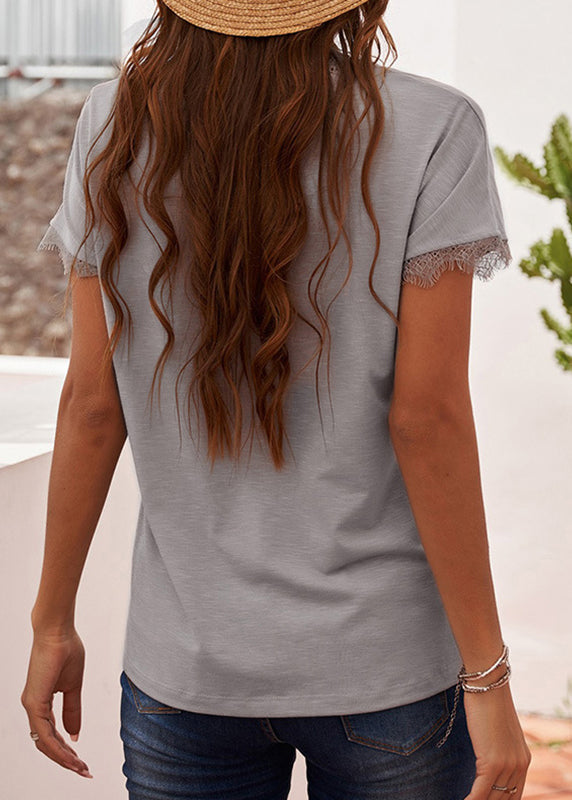 Neck Short T V Sleeve Patchwork Solid Brief White Shirt Lace