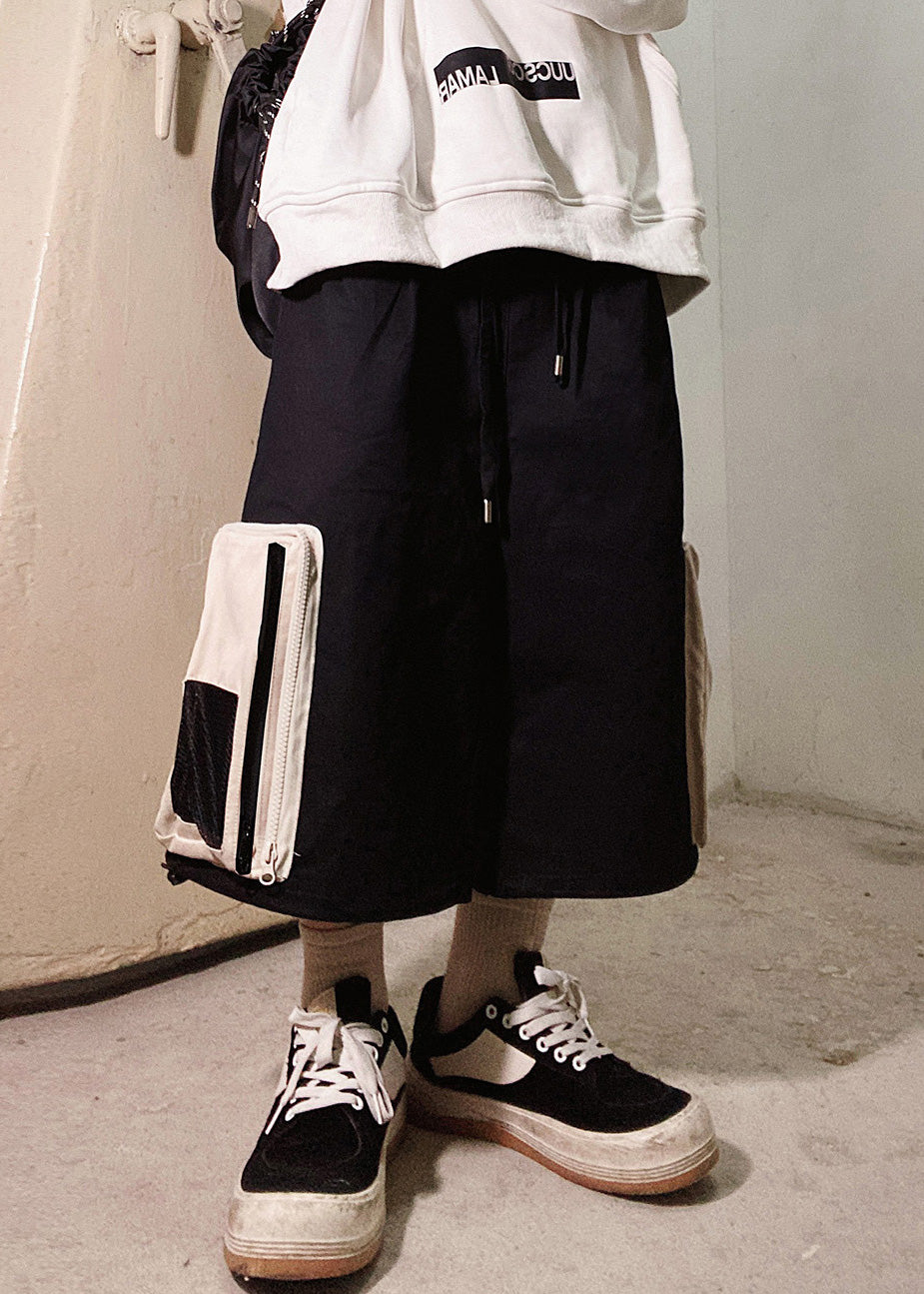 Zip Shorts Beige Oversized Casual Pockets Summer Up Cotton Men