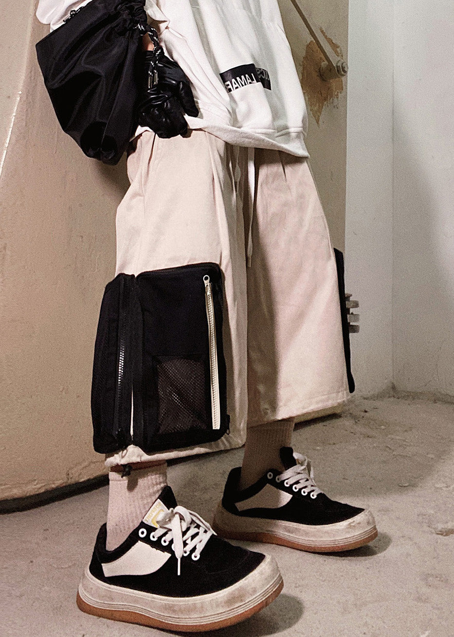 Zip Shorts Beige Oversized Casual Pockets Summer Up Cotton Men