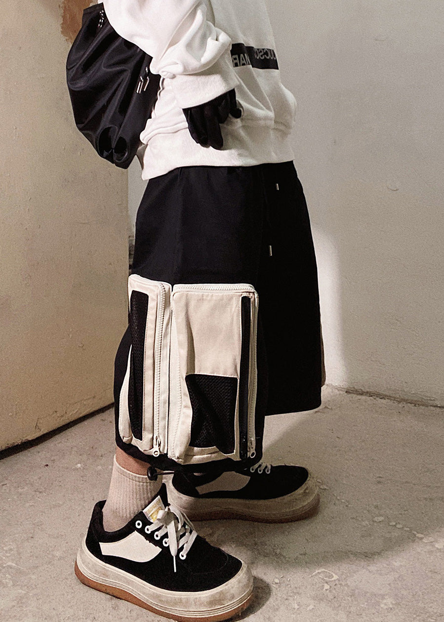 Zip Shorts Beige Oversized Casual Pockets Summer Up Cotton Men