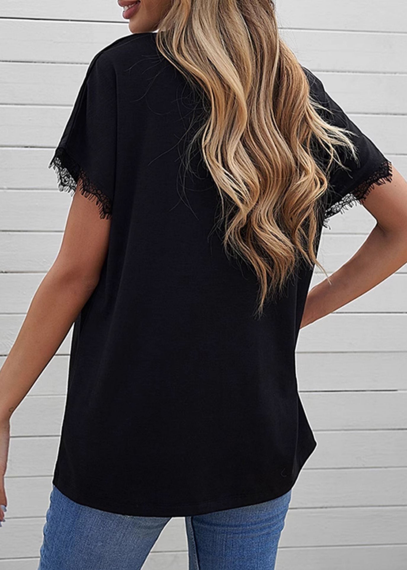 Sleeve T Lace Patchwork Shirt Solid Casual Short Black