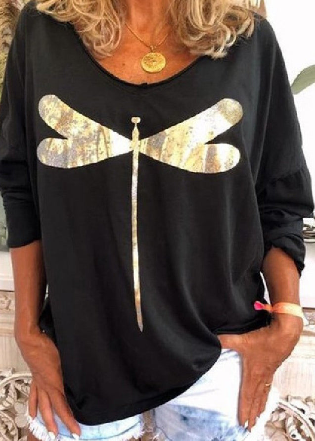 Casual Cotton Black Sweatshirts Long Print O Sleeve Neck