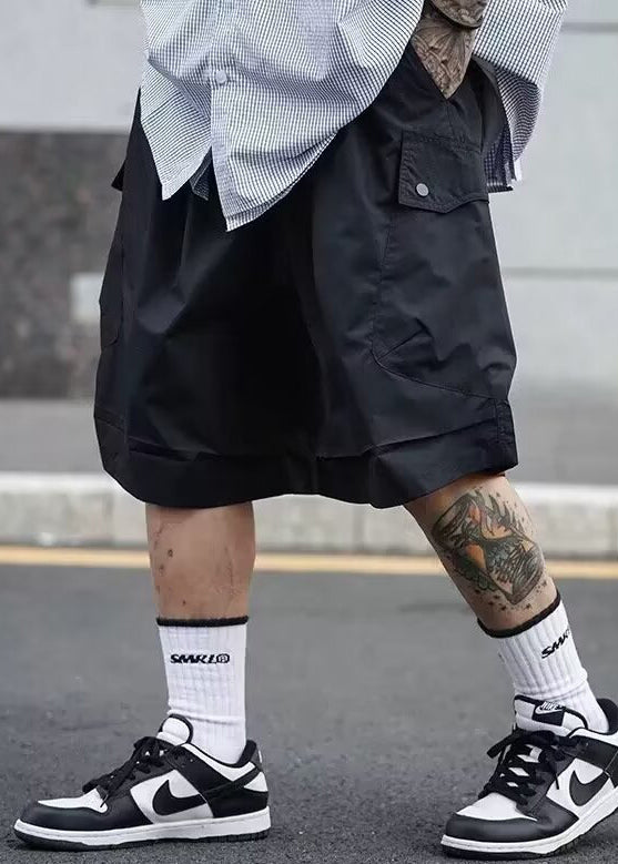 Casual Men Shorts Elastic Black Solid Summer Cotton Pockets Waist