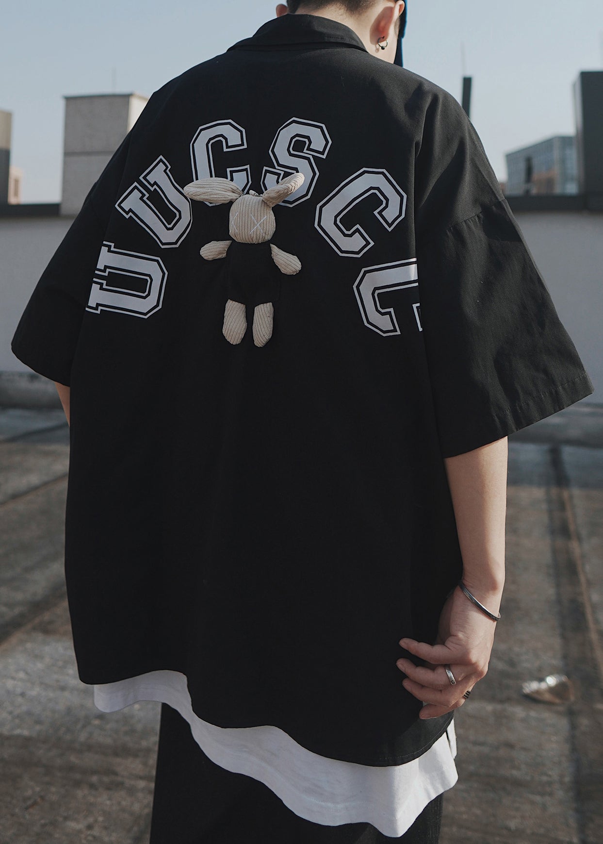 Casual Sleeve Cotton Half Men Blue T Letter Shirts Oversized Patchwork