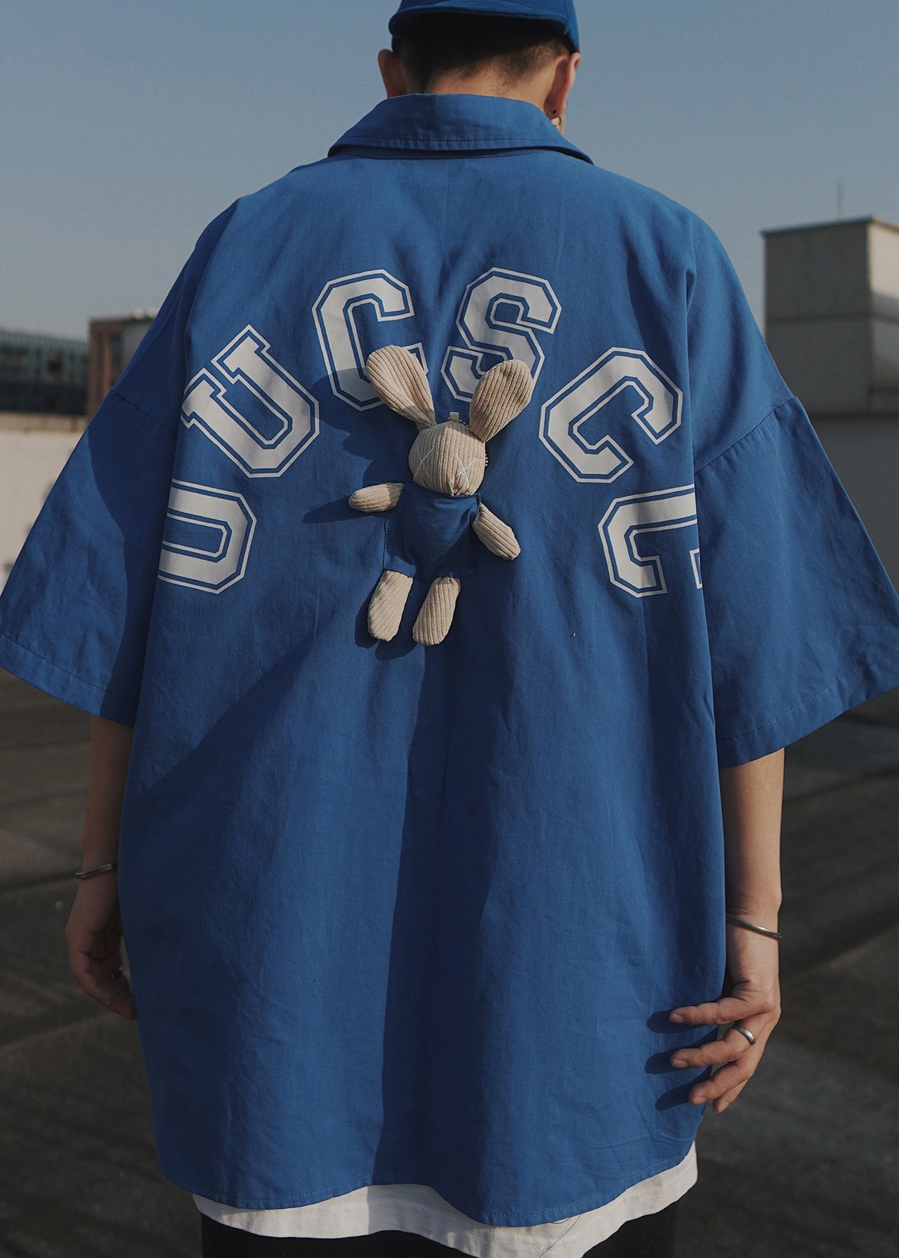 Casual Sleeve Cotton Half Men Blue T Letter Shirts Oversized Patchwork