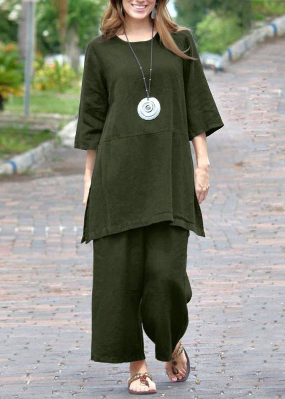 Pants Caramel Set Side Crop Two Open O-Neck Pieces Casual Top And