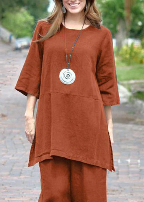 Pants Caramel Set Side Crop Two Open O-Neck Pieces Casual Top And