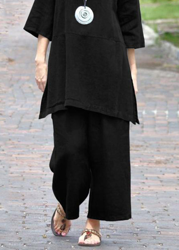 Pants Caramel Set Side Crop Two Open O-Neck Pieces Casual Top And