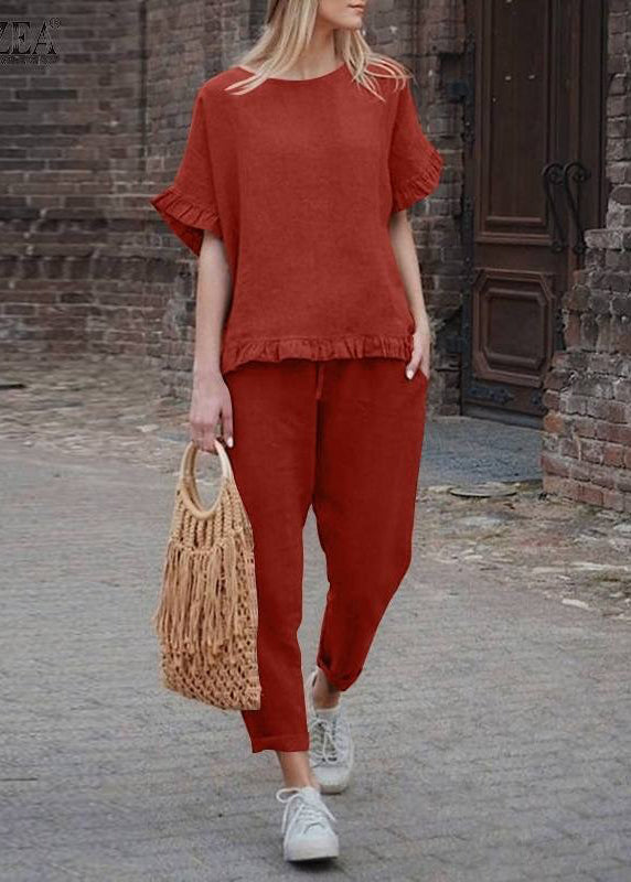 And Two Patchwork Pants Set Pieces Ruffled Top Casual Khaki Crop