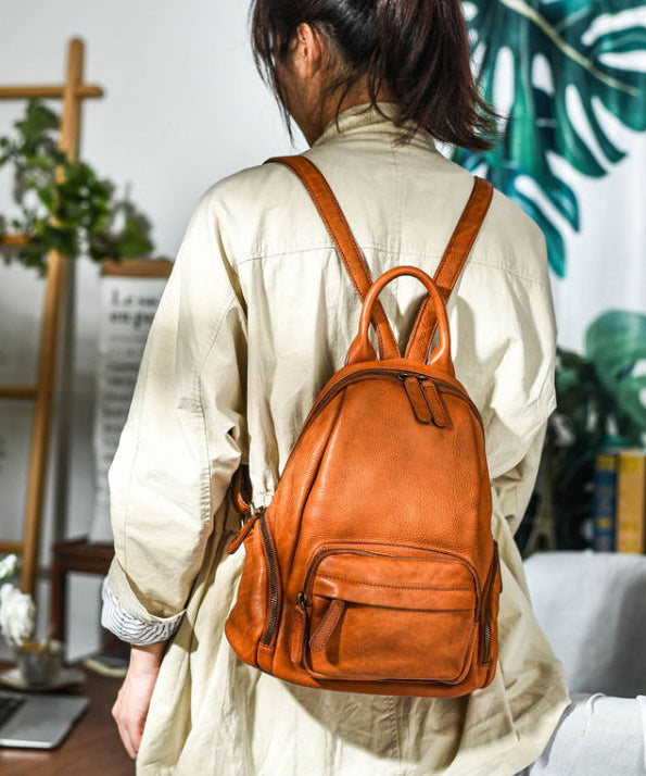 Tote Backpack Handbag Leather Casual Large Capacity Orange