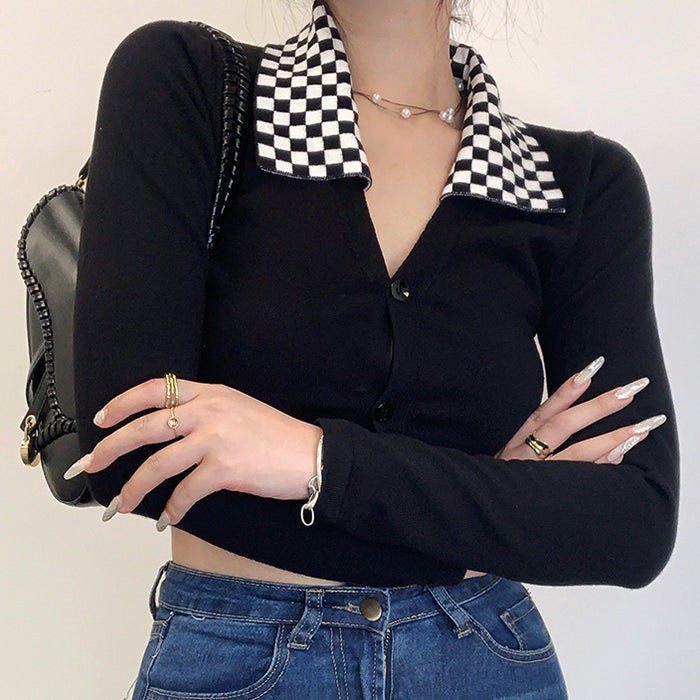 Black Checkerboard Collar Top