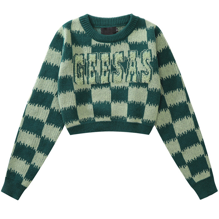 Checkered Fuzzy Crop Sweater