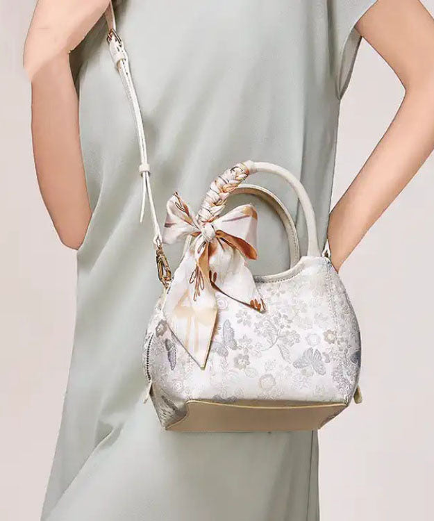 Tote Cotton Bow Beige Jacquard Chic Bag