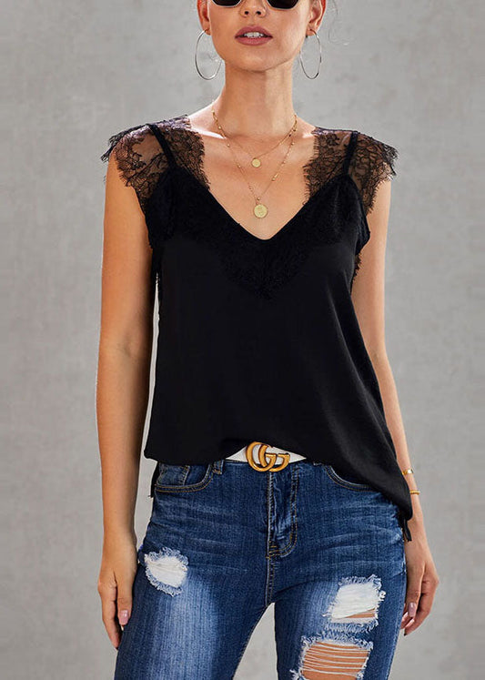 Black Summer Vests Lace Patchwork Chic
